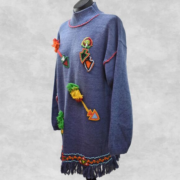 Victoria Jones Blue Beaded Arrow Fringed Pullover Sweater-Women's Size L - Picture 2 of 7